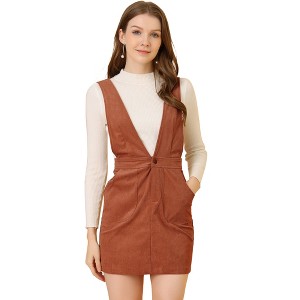 INSPIRE CHIC Women's V-Neck Corduroy Strap Back Overall Mini Pinafore Dress - 1 of 4