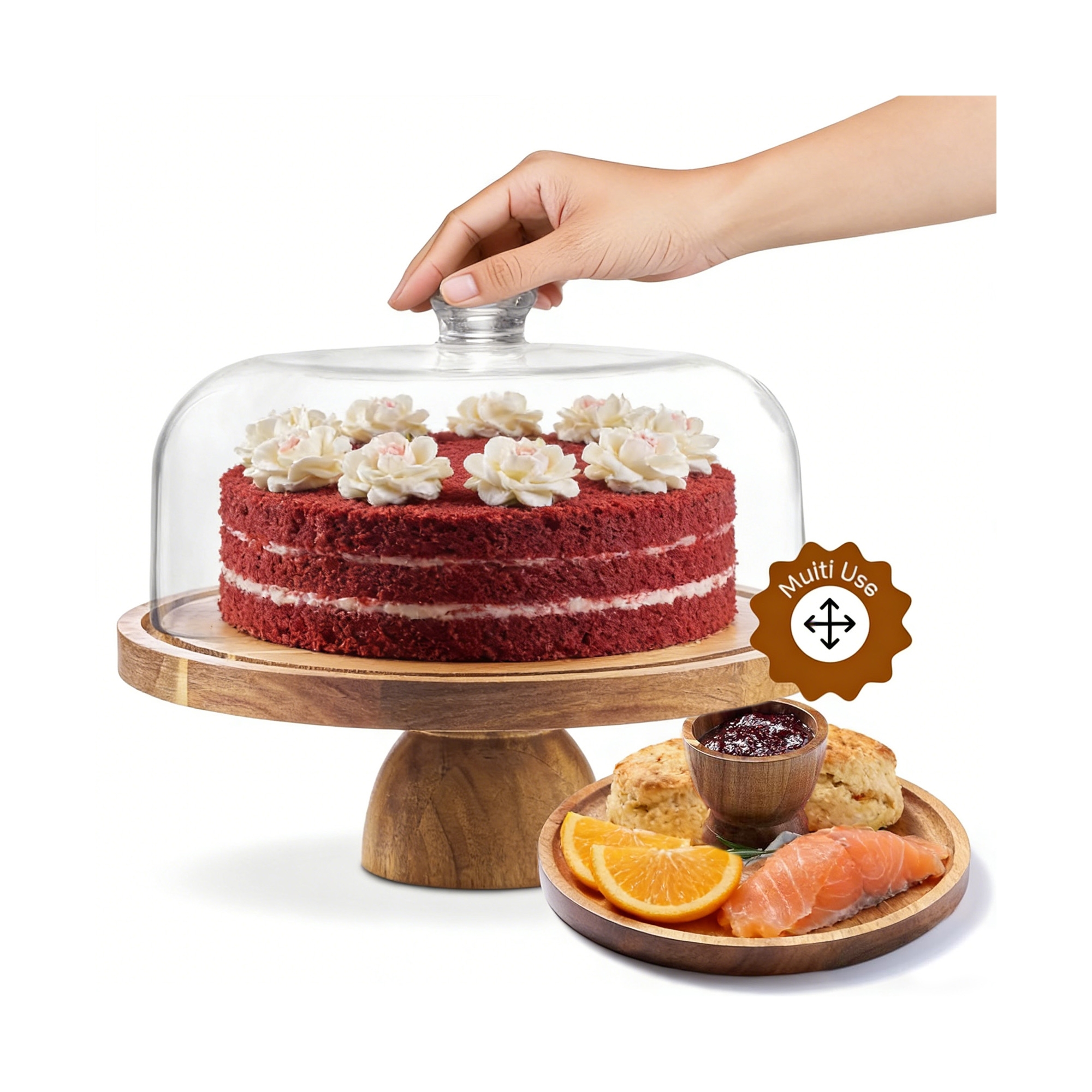 Cake Stand, 2-in-1 Acacia Wood Cake Stand with Large Acrylic Dome, 12 Inch Dessert Display Platter Board & Serving Tray for Cakes, Cheese, Fruit