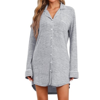 cheibear Women's Button Down Nightgown Strechy Knit Long Sleeves Nightshirt Shirtdress