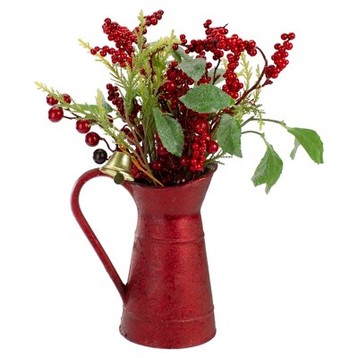 Northlight 13" Red Berries and Foliage in Vintage Milk Pitcher Christmas Decoration