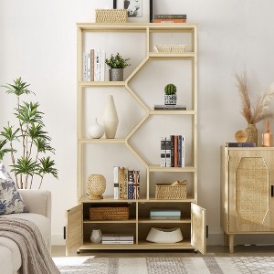 ACEPANO 75.6 in. H 7-Tier Rattan Bookshelf with Cabinet for Living Room & Home Office-Natural - 1 of 4