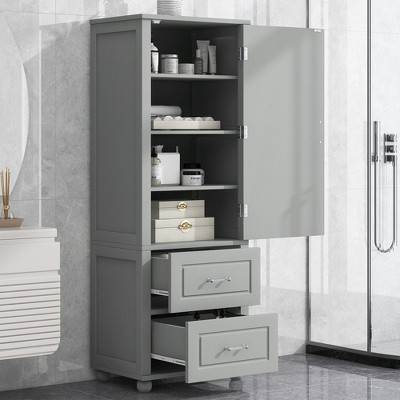 Hrinhom 23"W Tall Bathroom Cabinet,Freestanding Storage Cabinet with Two Drawers and Adjustable Shelf