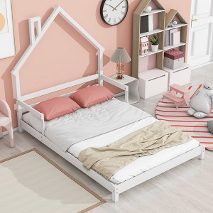 Montessori Floor Bed, House Shaped Bedframe with Headboard and handrails - 1 of 4