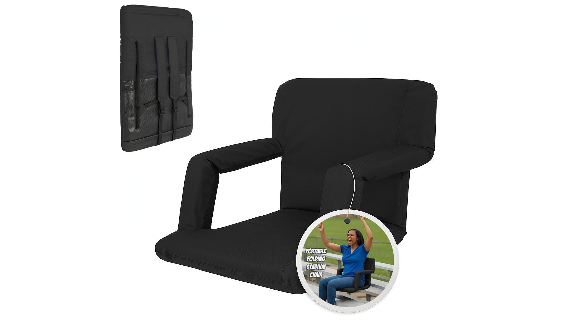GoTeam Portable Reclining Anywhere Chair - Portable Folding Cushioned Stadium Seat w/Arms (Black)