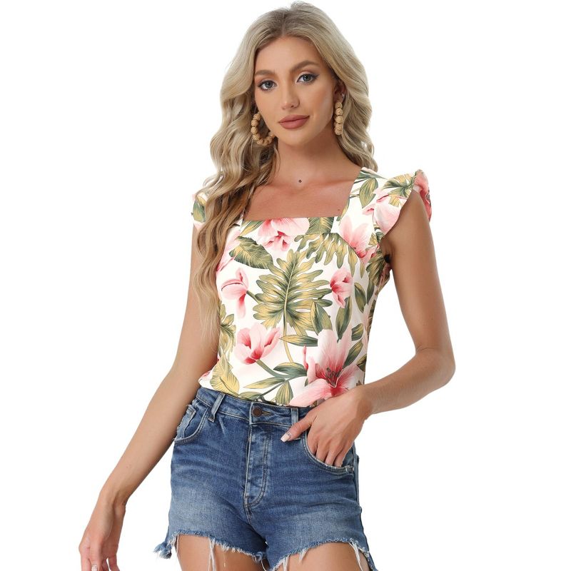 Allegra K Women's Tropical Floral Printed Square Neck Ruffle Sleeve Tank Top, 1 of 6