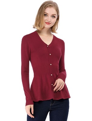 Allegra K Women's Slim Fit V-Neck Long Sleeve Ribbed Pullover Knitted Peplum Sweater