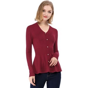 Allegra K Women's Slim Fit V-Neck Long Sleeve Ribbed Pullover Knitted Peplum Sweater - 1 of 4
