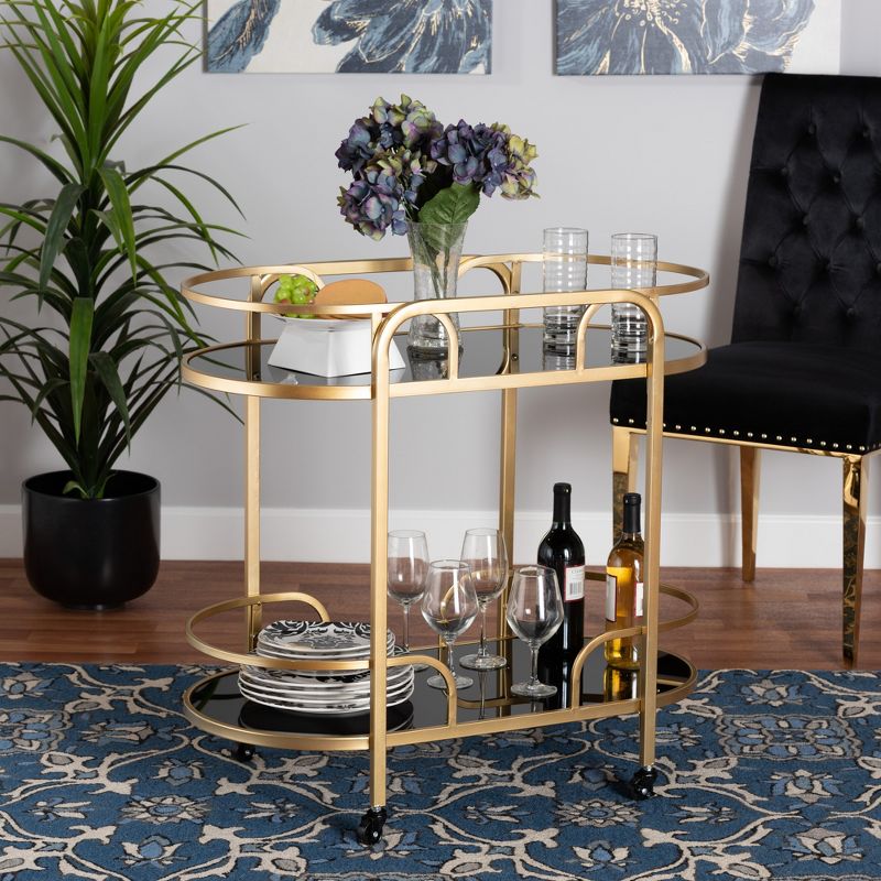 Baxton Studio Leighton Contemporary Glam and Luxe Gold Metal and Tempered Glass 2-Tier Wine Cart, 1 of 8
