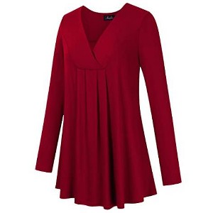 Plus Size Women's V-Neck Long Sleeve T-Shirt - Soft Stretchy Tunic Top with Chest Pleats for Fall/Winter - 1 of 4