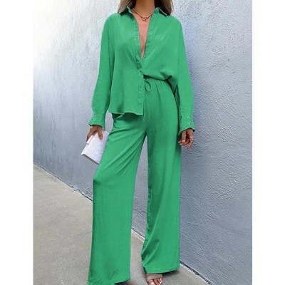 Women's Casual Lounge Sets 2 Piece Outfits Long Sleeve Wide Leg Pants Button Down Shirt Sets