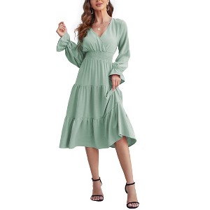 BLUEMING Womens V Neck Long Sleeve Peasant Dress Poet Sleeve Dress Surplice Shirred Waist Tiered Womens Fall Fashion, Grass green - XL - 1 of 4