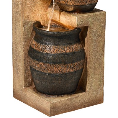 Rustic Stoneware Bowl and Jar Cascading Floor Fountain with LED Light