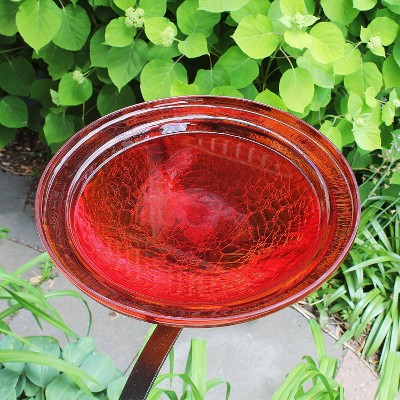 Tomato Red Crackle Glass Birdbath with Rail Mount Bracket