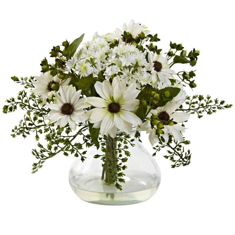 Nearly Natural 11.5-in Mixed Daisy Floral Arrangement with Vase, 2 of 3