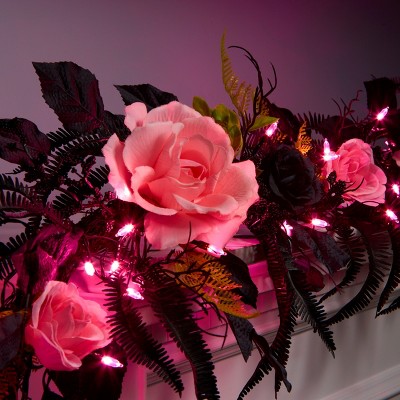 6' Black and Green Halloween Garland with Pink Roses and LED Lights