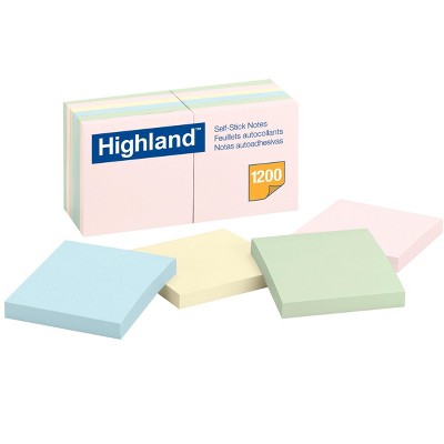 Highland Self-Stick Notes, 3 x 3 Inches, Pastel Colors, Pad of 100 Sheets, pk of 12