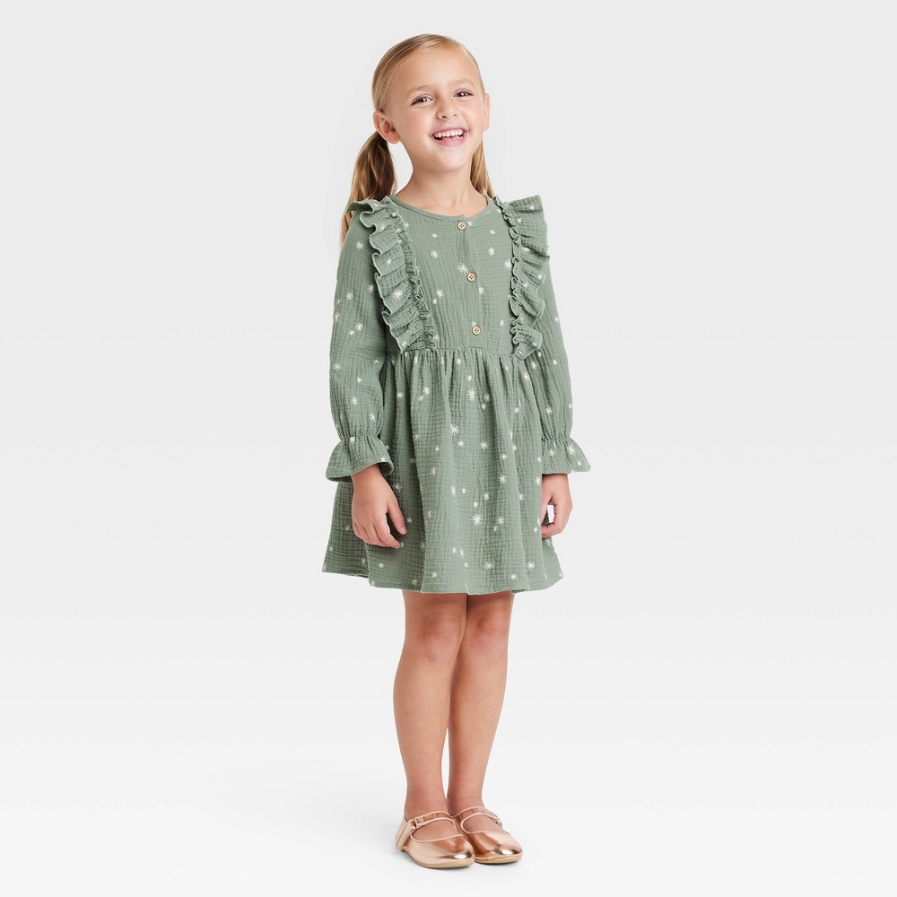 Grayson Collective Toddler Girls' Snowflake Gauze Ruffle Long Sleeve Dress - Green 2T -  85728719