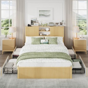 Queen/King Size Bed Frame with 4 Storage Drawers,No Box Spring Needed/Noise Free/All-Metal Support,Natural Oak - 1 of 4