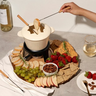 Off-White Cast Iron Fondue Set with Wood Base