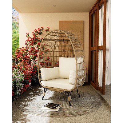 black steel frame + brown rattan + beige cushion