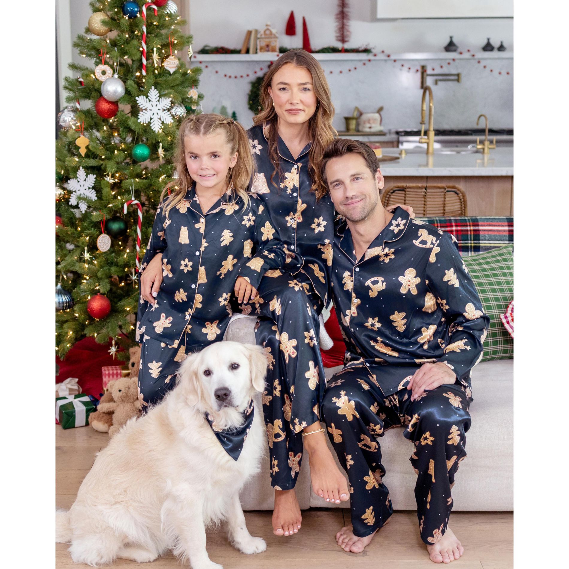 PATPAT Family Matching Christmas Pajamas , Navy Gingerbread Print Satin Sleepwear