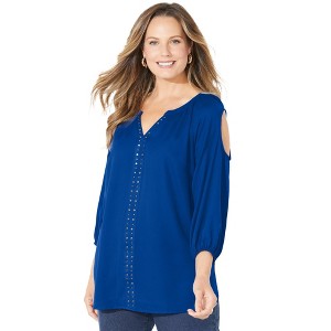 Catherines Women's Plus Size Cold Shoulder Stud Accented Top - 1 of 4