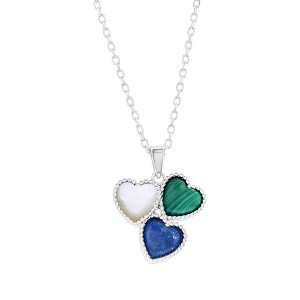 Bella Silver Sterling Silver, MOP, Lapis, Malachite, Triple Cluster Heart Necklace - Multi - 16+2 Inch - 1 of 2