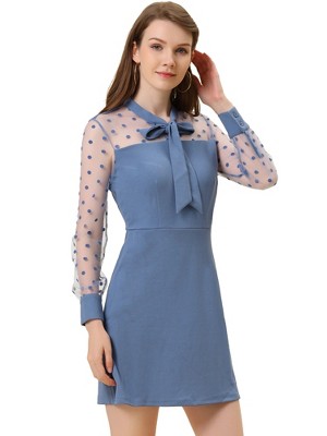 Allegra K Women's Sheer Mesh Panel A-Line Tie Neck Dots Cocktail Dress