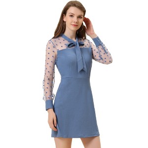 Allegra K Women's Sheer Mesh Panel A-Line Tie Neck Dots Cocktail Dress - 1 of 4