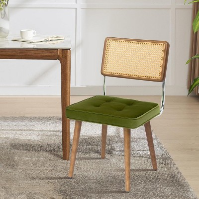Natural Rattan Dining Chairs, PU Upholstered Kitchen Chairs with Tall Cane Backrest & Strong Wood Legs for Dining Room, Kitchen, Restaurant