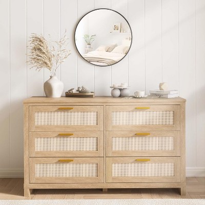 6 Drawer Rattan & Wooden Dresser for Bedroom, Rattan Chest of Drawers, MDF Chest of Drawers, Boho Dresser Chest