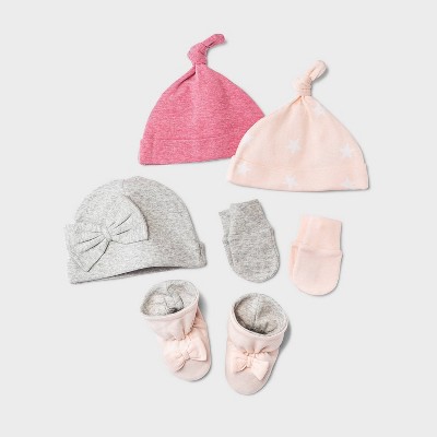 Baby Girls' 6pc Hat and Mittens Set with Bootie - Cloud Island™ Pink/Gray