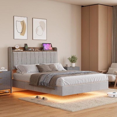 TackView Floating Bed Frame with LED Lights, Modern Upholstered Platform Bed with Headboard & USB Charging Station, No Box Spring
