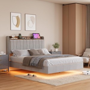 TackView Floating Bed Frame with LED Lights, Modern Upholstered Platform Bed with Headboard & USB Charging Station, No Box Spring - 1 of 4