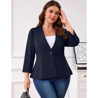 Women Plus Size Blazer Peplum V-Neck Cardigan Long Sleeve Button Open Front Jacket