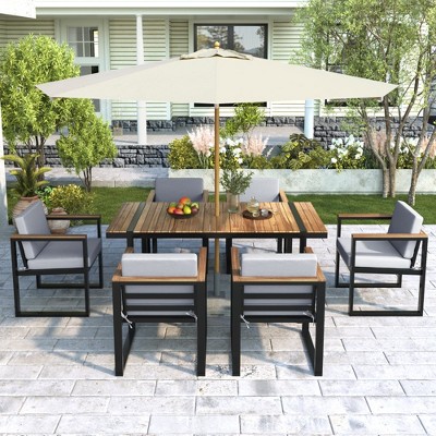 Chic Crate-7-Piece All-Weather Outdoor Dining Set with Removable Cushions - PE Rattan Table & Steel Chairs for Backyard, Garden, Grey