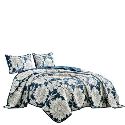 King Size Blue and White Floral Polyester Bedspread Set