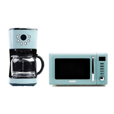 Haden Heritage 12 Cup Programmable Vintage Retro Home Coffee Maker Machine with Vintage Retro 0.7 Cu Ft 700W Countertop Microwave Oven, Blue