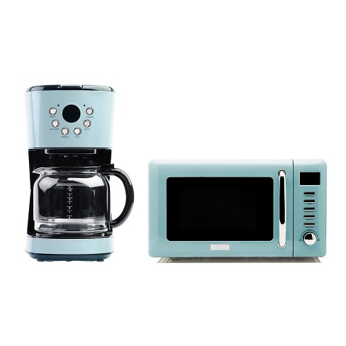 Haden Heritage 12 Cup Programmable Vintage Retro Home Coffee Maker Machine  with Vintage Retro 0.7 Cu Ft 700W Countertop Microwave Oven, Blue