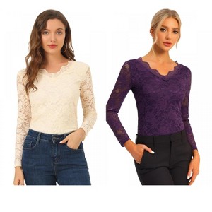INSPIRE CHIC Women's Floral Embroidery Sheer Long Sleeves Lace Blouse 2 Packs - 1 of 4