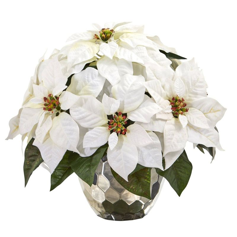 Nearly Natural 14-in Poinsettia Artificial Arrangement in Designer Silver Bowl, 1 of 3