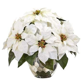Nearly Natural 14-in Poinsettia Artificial Arrangement in Designer Silver Bowl