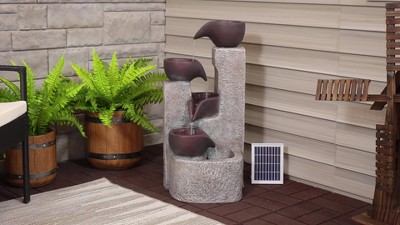 Gray Polyresin Solar Powered Tiered Outdoor Fountain with Battery Backup