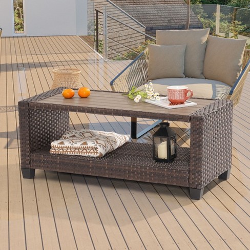 Sonkuki Outdoor Rectangle Pe Rattan Coffee Table Brown : Target