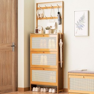 Kumasinova Bamboo Shoe Cabinet with Rattan Door,Freestanding Shoe Cabinet with Coat Hooks & 3 Flip Drawers,Shoe Organizer for Entryway,Hallway,Natural - 1 of 4