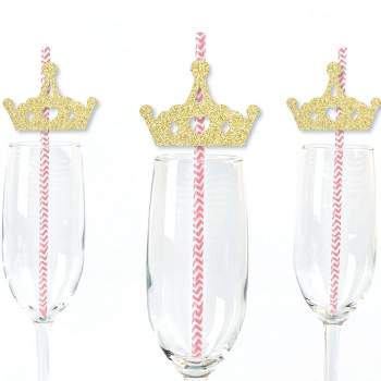 Big Dot of Happiness Gold Glitter Princess Crown Party Straws - No-Mess Real Glitter Cut-Outs & Baby Shower or Birthday Party Paper Straws - Set of 24