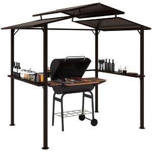 Outsunny 8' x 5' Hardtop Grill Gazebo, Outdoor BBQ Gazebo with Double Metal Roof, 2 Side Shelves and 4 Cup Holders for Patio Backyard Lawn Deck - 1 of 4