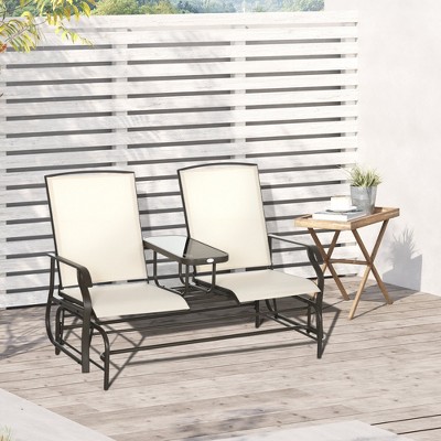 Beige Steel Frame 2-Person Outdoor Glider Bench with Center Table