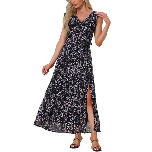 Allegra K Women s Summer Casual Dress Spaghetti Strap V Neck Flowy Midi Sundresses Black X Small