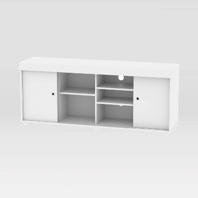 Modern White Particleboard TV Stand with Open Shelves and Cabinet